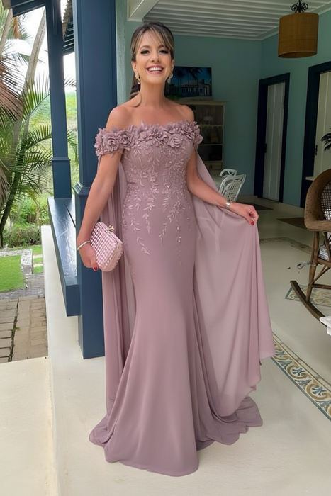 Mauve Off-The-Shoulder Mermaid Chiffon Wedding Guest Dresses Long with Appliques - Prom Dresses