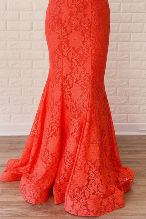 Mermaid Backless Orange Lace Long Prom Dresses