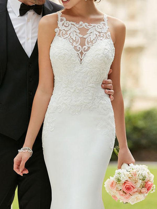 wedding dress 2021 simple mermaid bateau neck sleeveless lace appliqued traditional bridal dresses