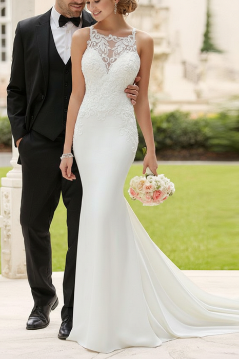 Ivory wedding dress simple mermaid bateau neck sleeveless lace appliqued traditional bridal dresses