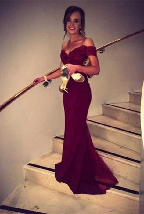 Mermaid Burgundy Off-the-Shoulder Chiffon Lace Prom/Evening Dress - Prom Dresses