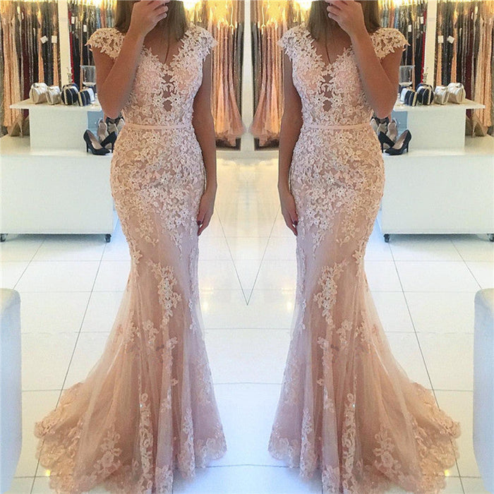 Mermaid Cap Sleeve Prom Dress with Appliques