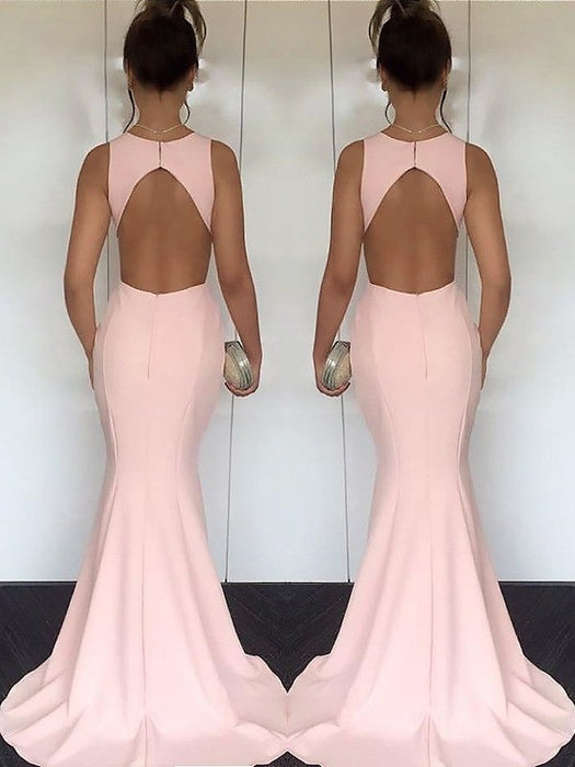 Mermaid Jewel Sleeveless Sweep/Brush Train With Ruched Silk like Satin Dresses - Prom Dresses