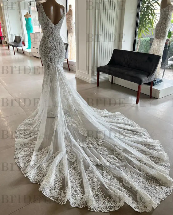 Mermaid Lace Sweetheart Wedding Dress V-neck Long Bridal Dress with Train - Wedding Dresses