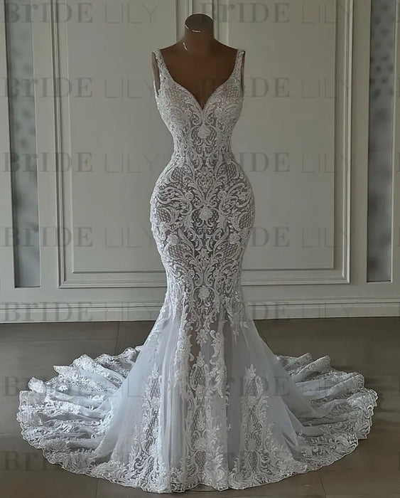Mermaid Lace Sweetheart Wedding Dress V-neck Long Bridal Dress with Train - Wedding Dresses