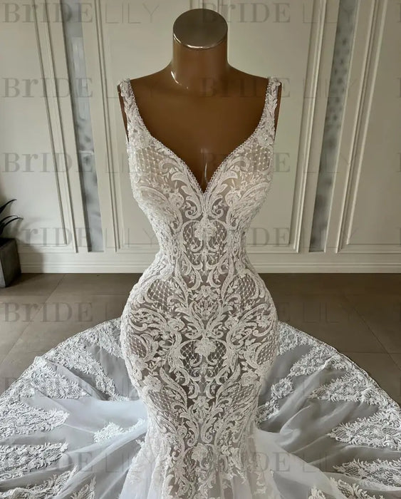 Mermaid Lace Sweetheart Wedding Dress V-neck Long Bridal Dress with Train - Wedding Dresses