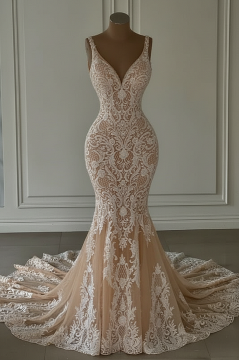 Mermaid Lace Sweetheart Wedding Dress V-neck Long Bridal Dress with Train - Wedding Dresses
