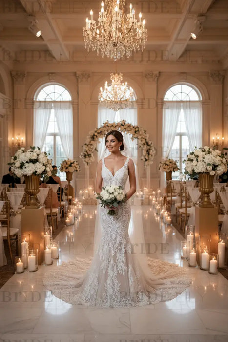 Mermaid Lace Sweetheart Wedding Dress V-neck Long Bridal Dress with Train - Wedding Dresses