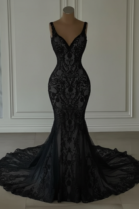 Mermaid Lace Sweetheart Wedding Dress V-neck Long Bridal Dress with Train - Wedding Dresses