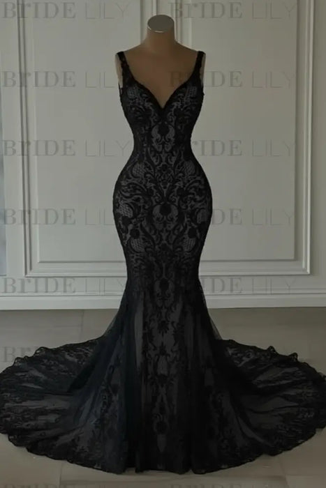 Mermaid Lace Sweetheart Wedding Dress V-neck Long Bridal Dress with Train - Wedding Dresses