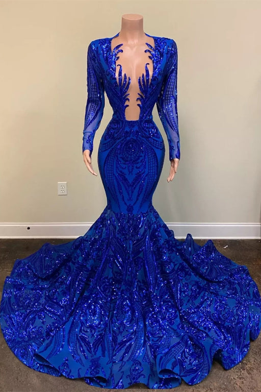 Mermaid Long Sleeves Royal Blue Sequins Prom Dress