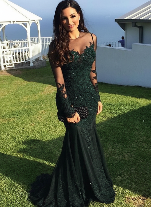 Long Sleeves Sheer Neck Sweep/Brush Train With Applique Spandex Dresses - Prom Dresses