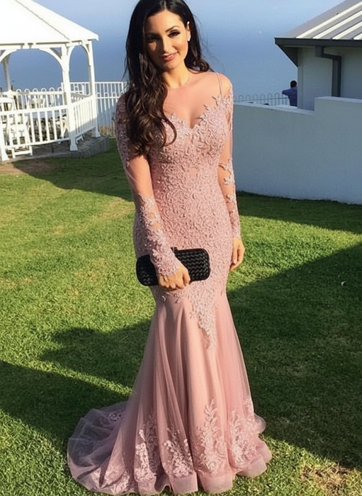 Long Sleeves Sheer Neck Sweep/Brush Train With Applique Spandex Dresses - Prom Dresses