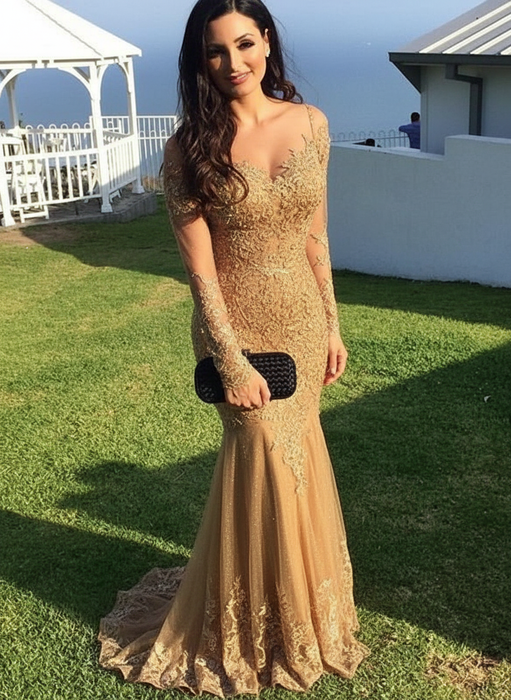 Long Sleeves Sheer Neck Sweep/Brush Train With Applique Spandex Dresses - Prom Dresses