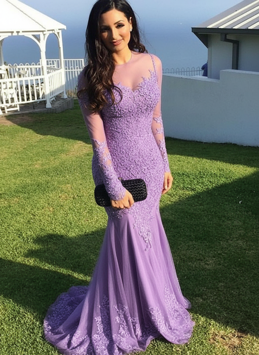 Long Sleeves Sweep/Brush Train Lavender Prom Dresses With Lace Appliques