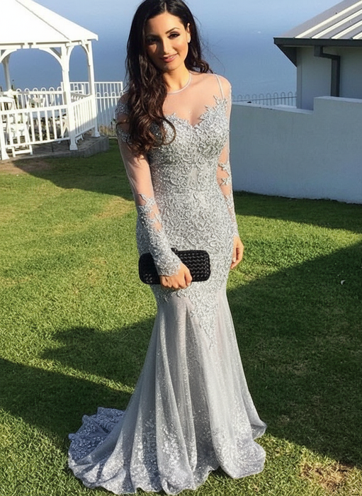 Long Sleeves Sheer Neck Sweep/Brush Train With Applique Spandex Dresses - Prom Dresses
