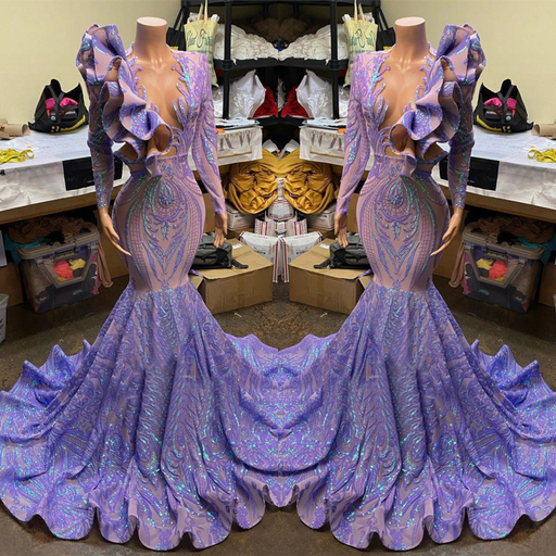 Mermaid Prom Dress: Lavender Long Sleeves Deep V Neck Appliques