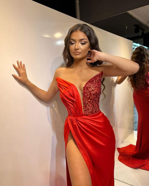 Mermaid Prom Dress: Red Sequins V Neck High Split
