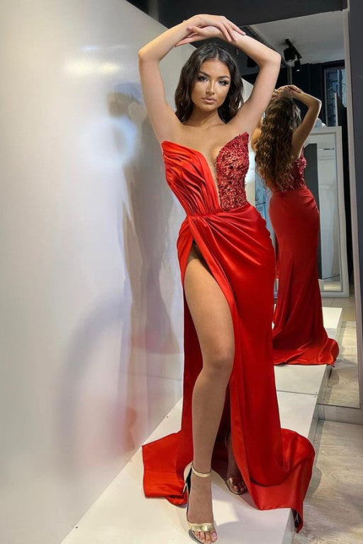 Mermaid Prom Dress: Red Sequins V Neck High Split