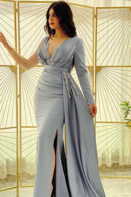 Mermaid Prom Dress with Long Sleeves and Ruffle Split