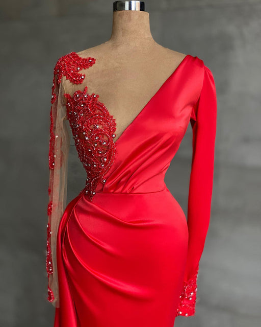 Mermaid Prom Dress with Red Long Sleeves