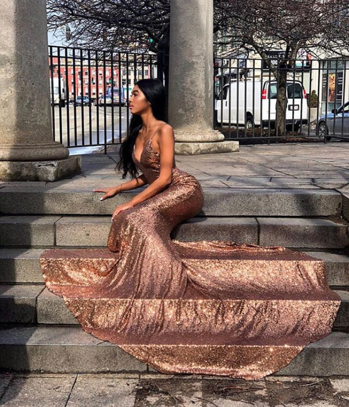 Mermaid Spaghetti Straps Grey Lace Sequins Prom Dress LBQ0167