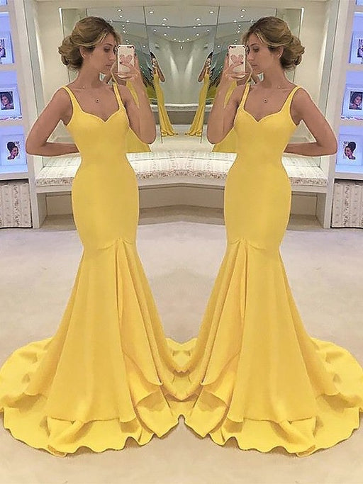 Mermaid Spaghetti Straps Sleeveless Sweep/Brush Train With Layers Satin Dresses - Prom Dresses