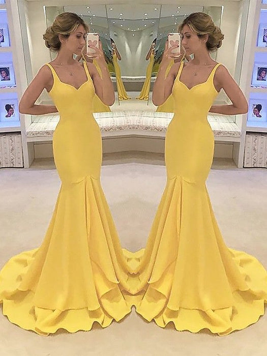 Mermaid Spaghetti Straps Sleeveless Sweep/Brush Train With Layers Satin Dresses - Prom Dresses