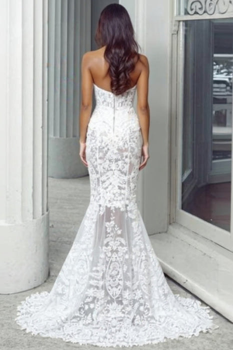 Mermaid Sweetheart Long Lace Strapless Sweep Train Wedding Dress - Wedding Dresses