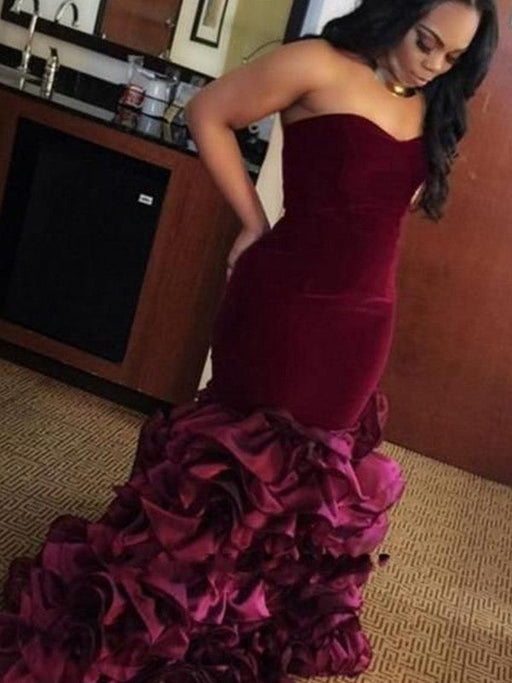 Mermaid Sweetheart Sleeveless Sweep/Brush Train With Ruffles Velvet Dresses - Prom Dresses