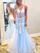 Mermaid V Neck Lace Appliques Floral Long Blue Prom Dresses, Mermaid Lace Blue Formal Dresses, Floral Blue Eveing Dresses