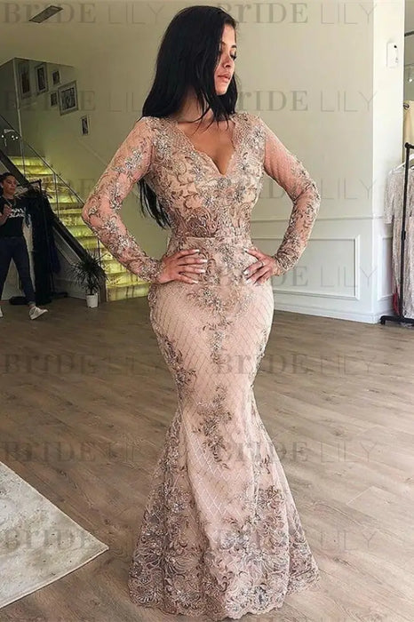 Mermaid V-neck Long Sleeves Prom Dresses with Detachable Skirt Lace Appliques Party Dress - Prom Dresses
