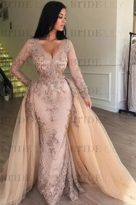 Blush Pink Mermaid V-neck Long Sleeves Prom Dresses with Detachable Train Lace Appliques Party Dress - Prom Dresses