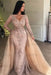 Blush Pink Mermaid V-neck Long Sleeves Prom Dresses with Detachable Train Lace Appliques Party Dress - Prom Dresses