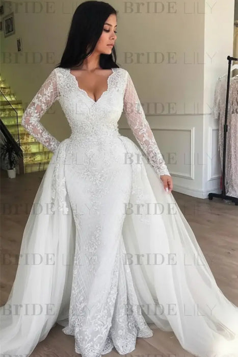 White Mermaid V-neck Long Sleeves Prom Dresses with Detachable Train Lace Appliques Party Dress - Prom Dresses