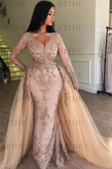 Dusty Rose Mermaid V-neck Long Sleeves Prom Dresses with Detachable Train Lace Appliques Party Dress - Prom Dresses
