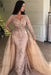 Dusty Rose Mermaid V-neck Long Sleeves Prom Dresses with Detachable Train Lace Appliques Party Dress - Prom Dresses
