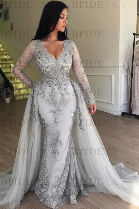 Silver Mermaid V-neck Long Sleeves Prom Dresses with Detachable Train Lace Appliques Party Dress - Prom Dresses