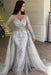 Silver Mermaid V-neck Long Sleeves Prom Dresses with Detachable Train Lace Appliques Party Dress - Prom Dresses