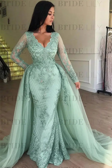 Mint Green Mermaid V-neck Long Sleeves Prom Dresses with Detachable Train Lace Appliques Party Dress - Prom Dresses