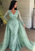 Mint Green Mermaid V-neck Long Sleeves Prom Dresses with Detachable Train Lace Appliques Party Dress - Prom Dresses