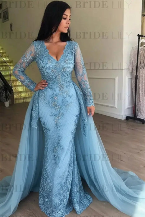 Pool Mermaid V-neck Long Sleeves Prom Dresses with Detachable Train Lace Appliques Party Dress - Prom Dresses