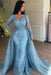 Pool Mermaid V-neck Long Sleeves Prom Dresses with Detachable Train Lace Appliques Party Dress - Prom Dresses