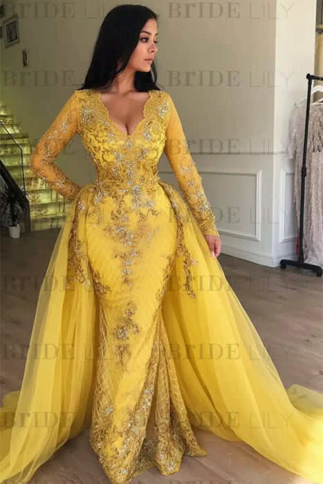 Yellow Mermaid V-neck Long Sleeves Prom Dresses with Detachable Train Lace Appliques Party Dress - Prom Dresses