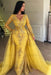 Yellow Mermaid V-neck Long Sleeves Prom Dresses with Detachable Train Lace Appliques Party Dress - Prom Dresses