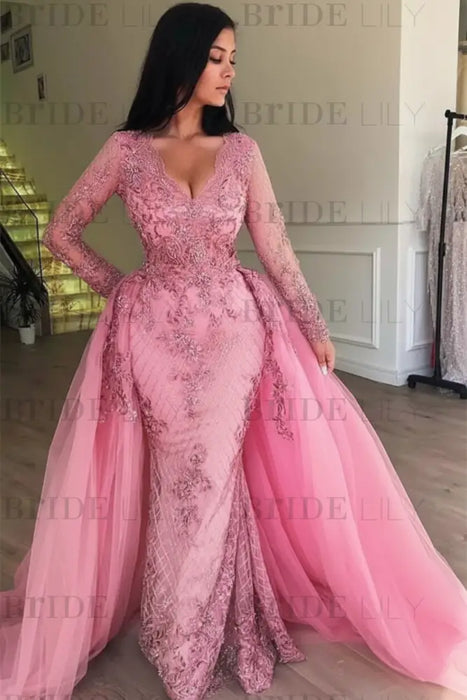Candy Pink Mermaid V-neck Long Sleeves Prom Dresses with Detachable Train Lace Appliques Party Dress - Prom Dresses