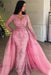 Candy Pink Mermaid V-neck Long Sleeves Prom Dresses with Detachable Train Lace Appliques Party Dress - Prom Dresses