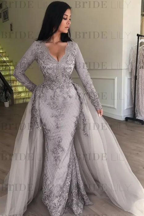 Lilac Mermaid V-neck Long Sleeves Prom Dresses with Detachable Train Lace Appliques Party Dress - Prom Dresses