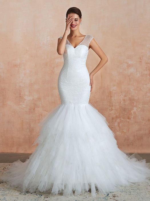 Mermaid Wedding Dress 2021 Beaded V Neck Sleeveless Bridal Gowns With Train