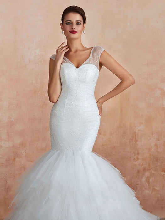 Mermaid Wedding Dress 2021 Beaded V Neck Sleeveless Bridal Gowns With Train